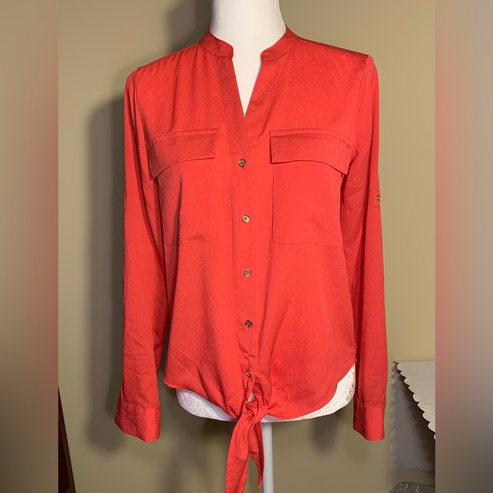 GUC/EUC Top: Band Collar, Button-Down, Tie Waist, Roll-Tab Sleeves, XS-to-Small